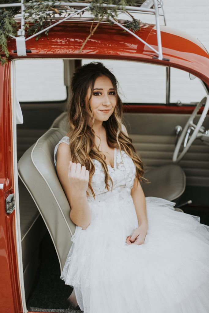 Bride in VW Bug 